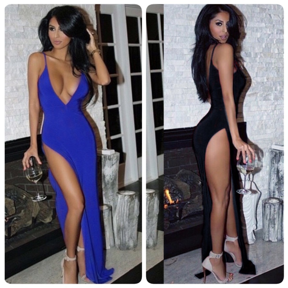 Long Sexy Plunging Neckline Bodycon Dress w/ Slit - Picture 1 of 8